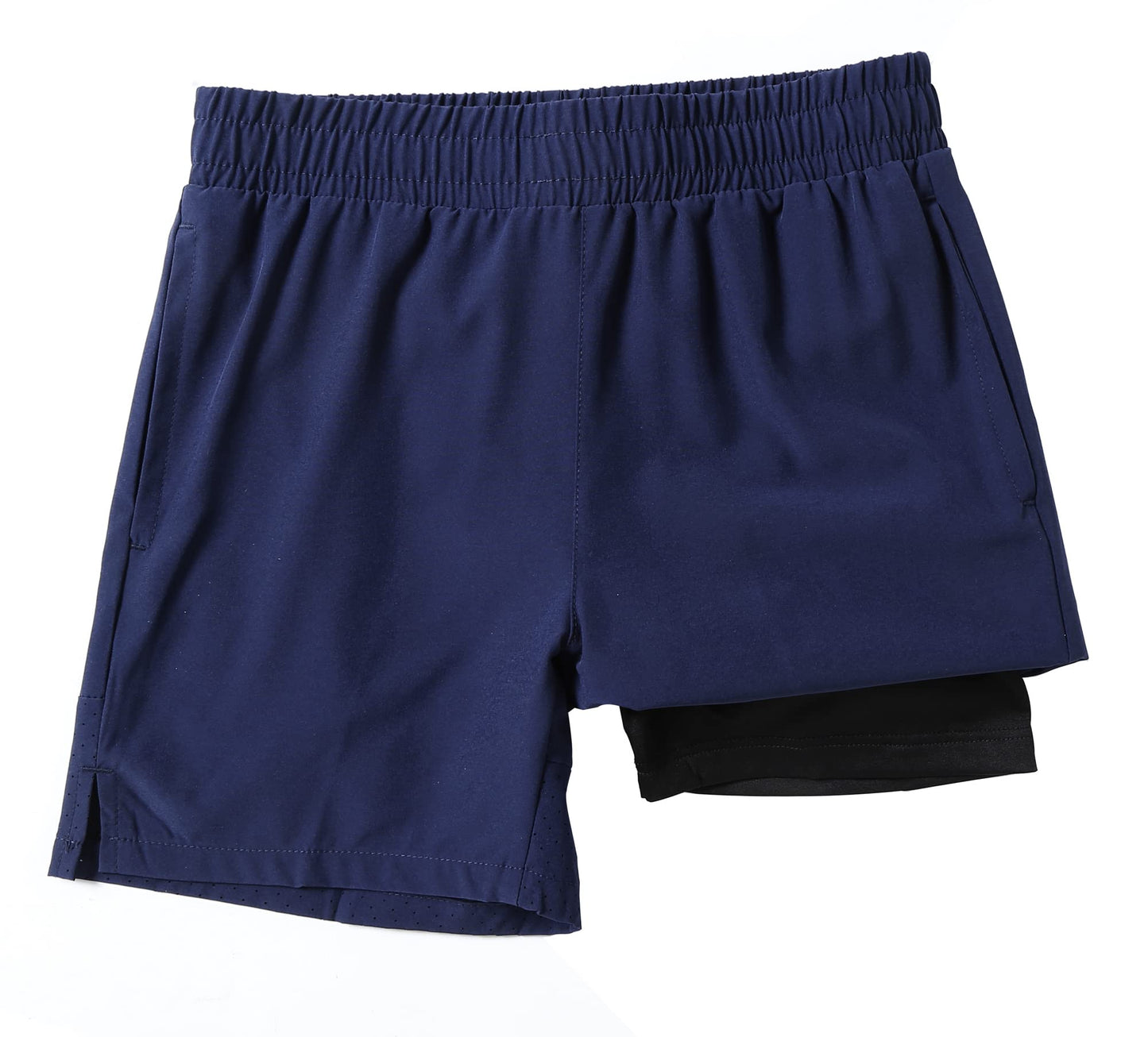 IRELIA Boys Box Brief Liner Compression Mesh Athletic Shorts Pocket Kids Quick Dry Active Sports Shorts with Reflective Strip Navy 10-12