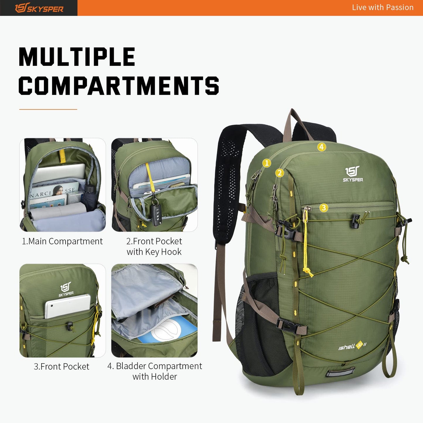 SKYSPER Packable Hiking Backpack 30L Lightweight Daypack Travel Backpacks for Women Men(Green)