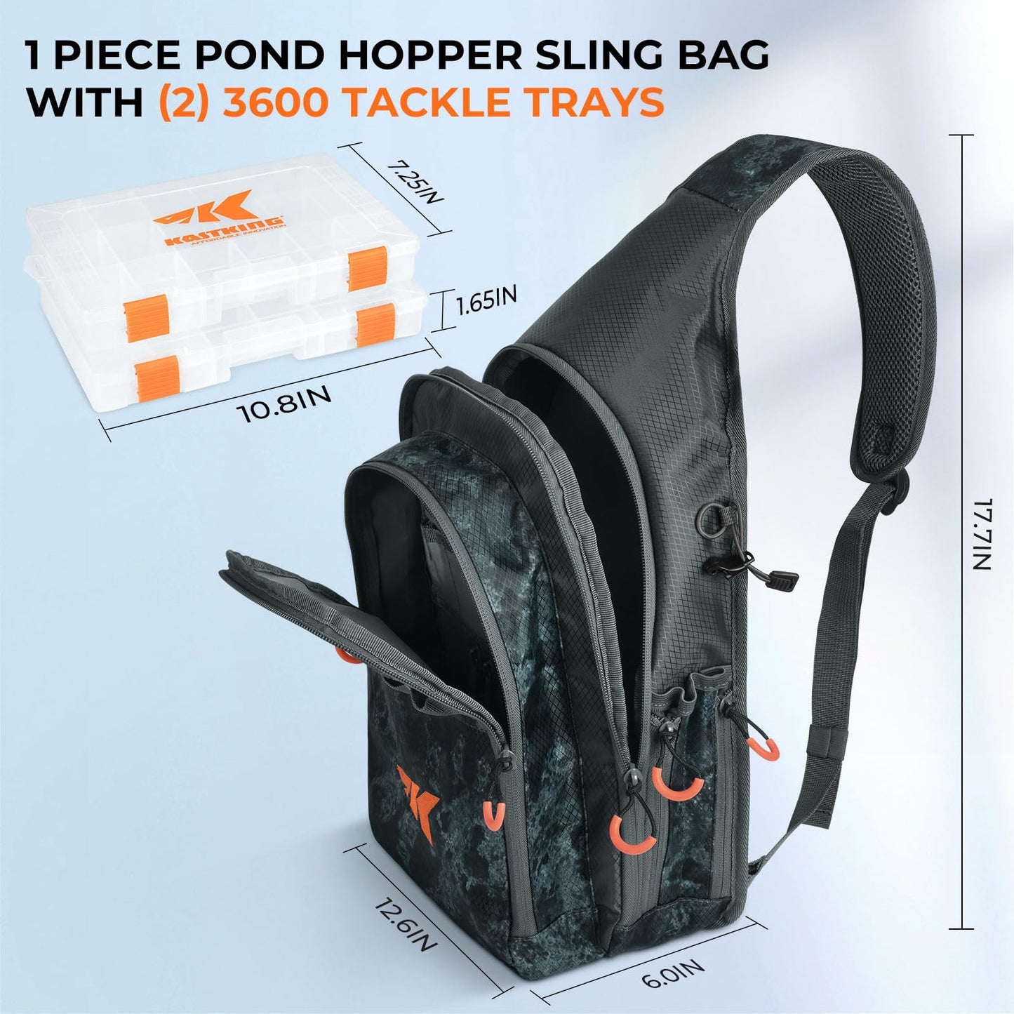 KastKing Pond Hopper Fishing Sling Tackle Storage Bag with 2 Tackle Boxes, Lightweight Sling Fishing Backpack-Sling Tool Bag for Fishing Hiking Hunting Camping,17.7X 12.6X 6 Inches