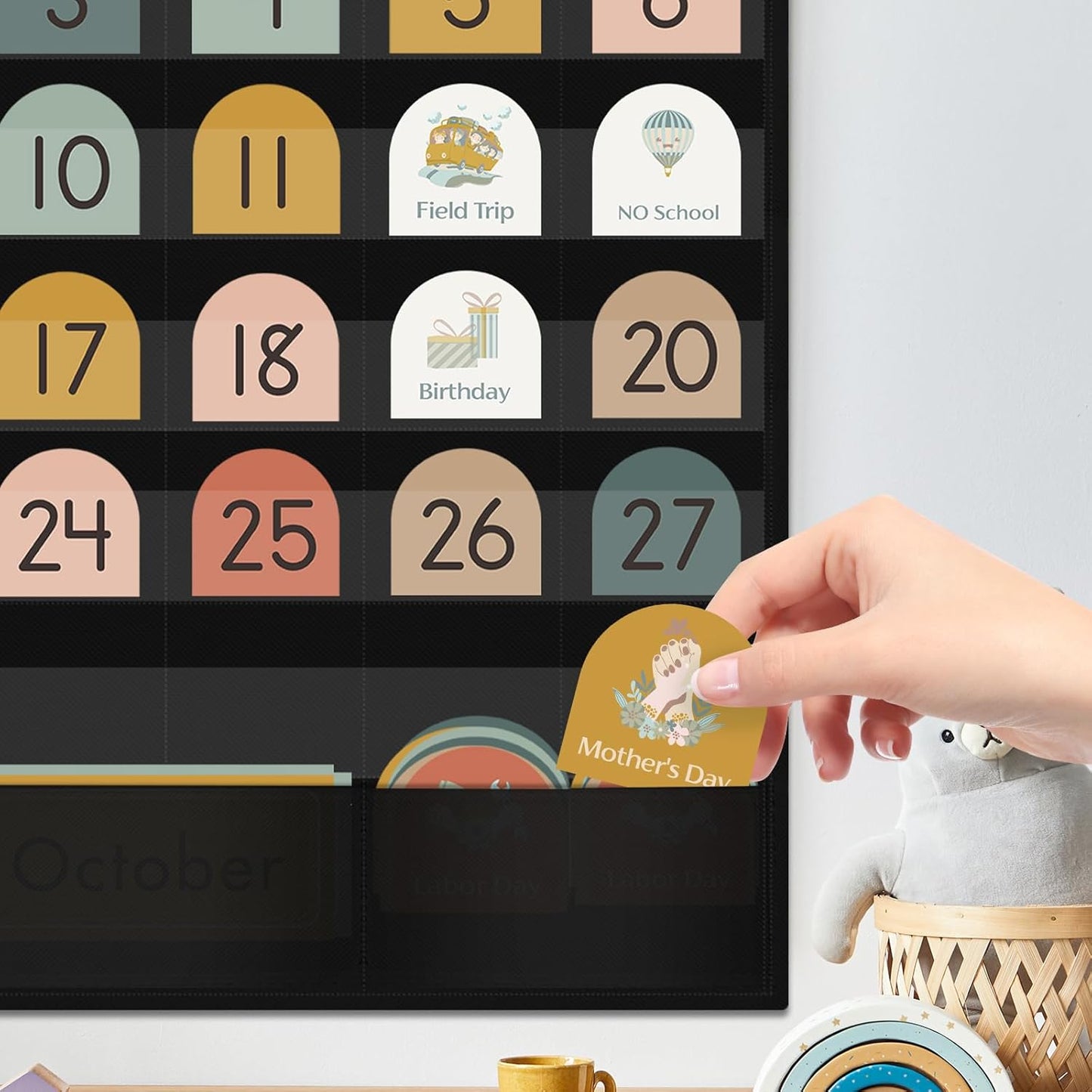 Classroom Monthly Calendar Pocket Chart for Kids Learning, 105 Cards Wall Boho Calendar and Weather, Teacher Supplies for Kindergarten Preschool Elementary Homeschool