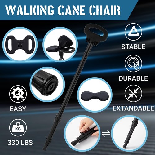 DINVES Adjustable Cane Chair, Cane Seat Folding Lightweight, Stool Seat with 2 Bases, Pocket Storage Bag and Removable Cushion,Aluminum Mobility Aid Crutch