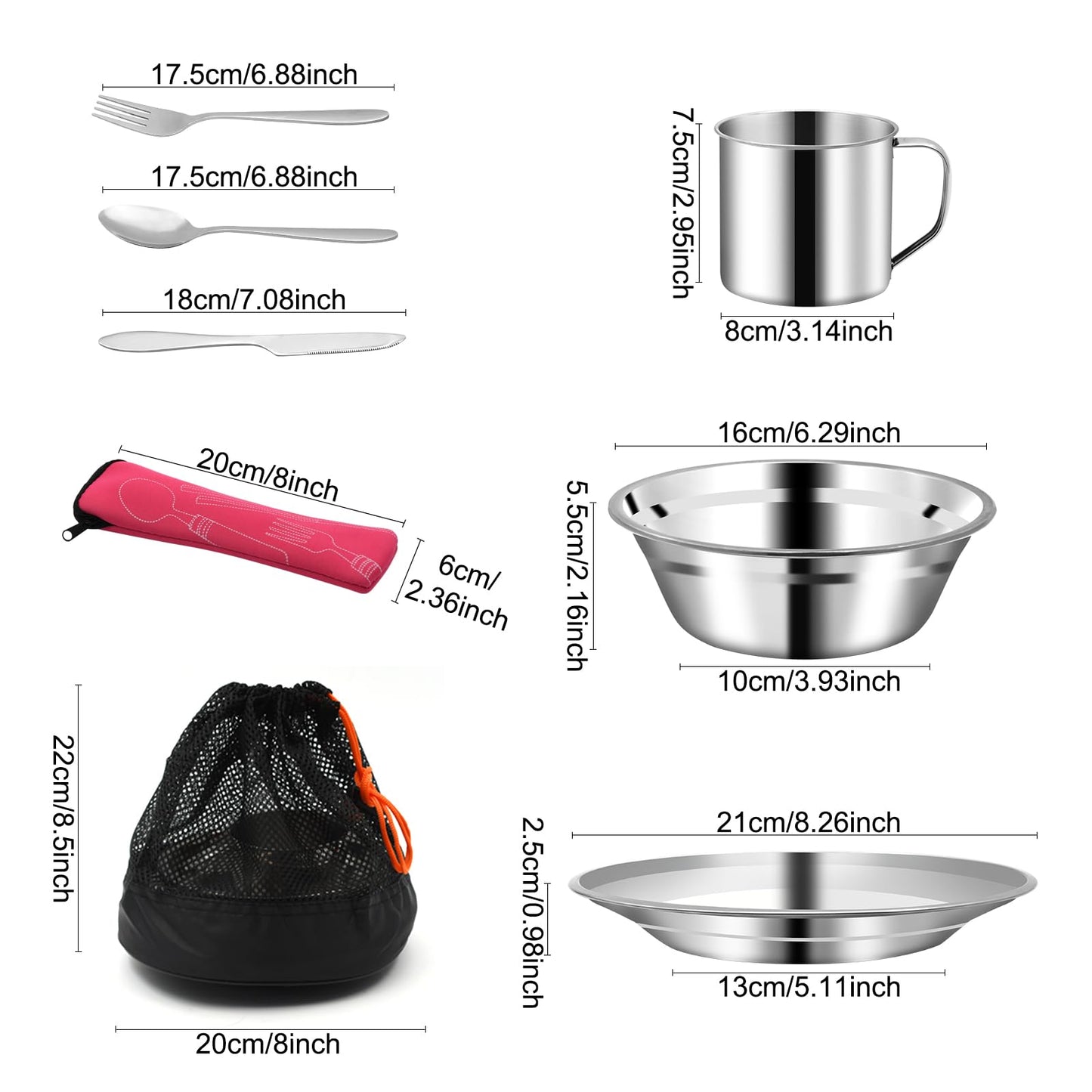 29pcs Stainless Steel Utensils Camping Tableware Kit with Bowls Plates Cups Forks Spoons and Knives for 4, Reusable Camping Flatware