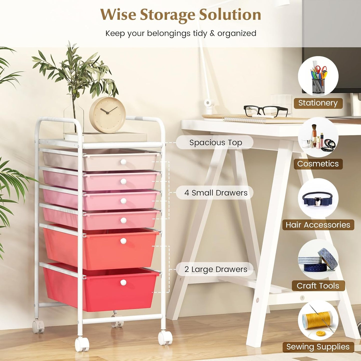 RELAX4LIFE 6-Drawer Rolling Storage Cart - Classroom Organization on Wheels w/Removable Plastic Drawers, Mobile Art Craft Cart for School Paper Home Office, Utility Cart with Drawers (Macaron)