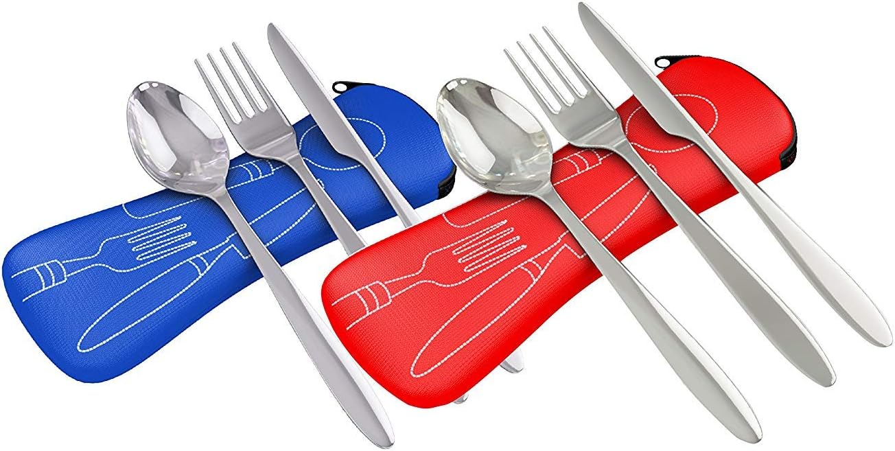 Reusable Travel Utensils with Case | Fork and Spoon Set with Knife and Optional Straws Great Office, Travel, or Camping Accessories | Lightweight, Sturdy Utensils