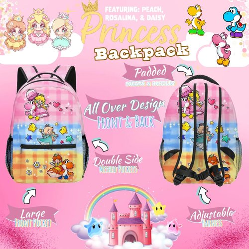 Brainy Princess Backpack 16" Cute Pink Pretty Girls Women Peach Daisy Rosalina Cartoon (Princess Pink)