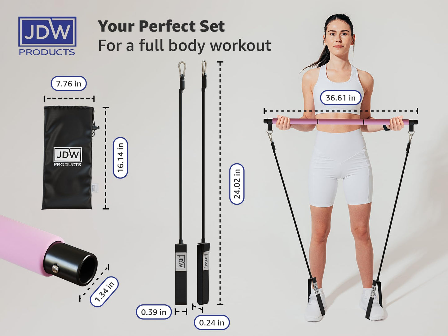 JDW Products Pilates Bar Kit | 2 Standard & 2 Strong Bands for Full-Body Workout | Storage Bag Included | Fitness Equipment for Home Gym, Yoga