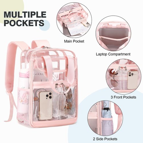 FIXITOK 2PCS Clear Backpack for Women Girls, Heavy Duty Clear Backpack with Clear Tote Bag for Stadium Events, See Through Backpack, Large Transparent Backpack Clear Bookbag for Concert Work Travel