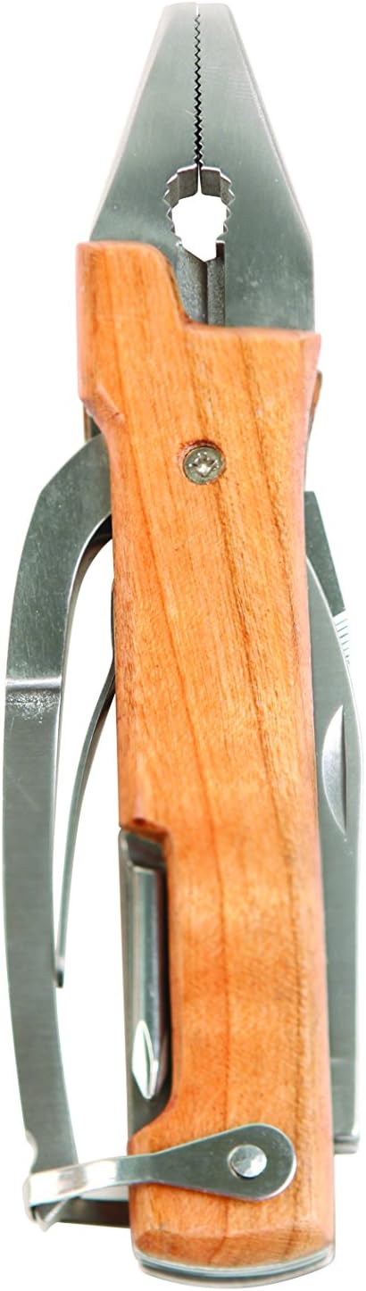 Kikkerland 10 in 1 Pocket Compact EDC Gear Equipment Stainless Steel Multi-Tool, White, Wood Handle, for Outdoors, Camping Tool Accessories Survival