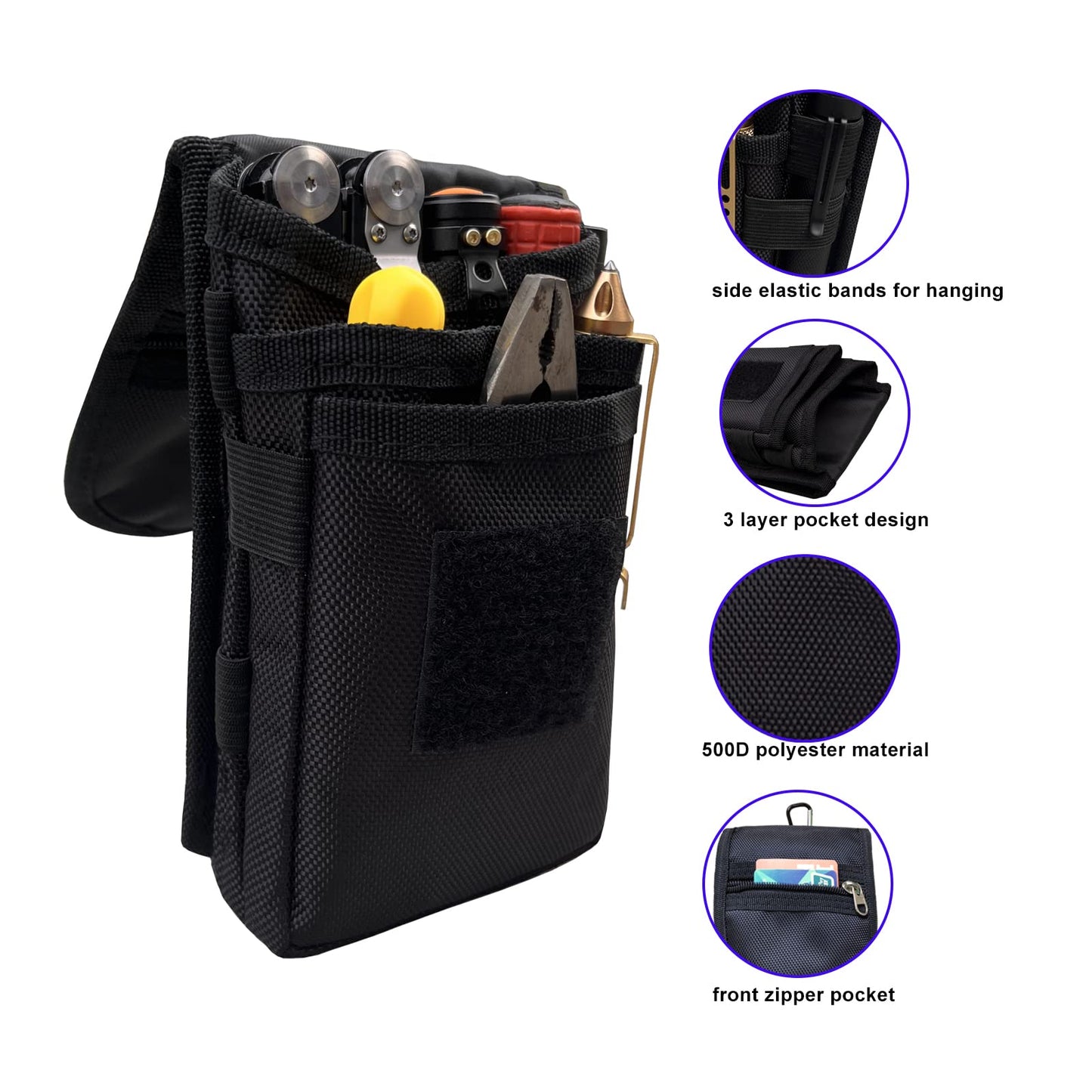Belt Tool Pouch Holster, Multitool Organizer Pouch for EDC Gears Cellphone Case, Maezar Utility Sheath Bag, Nylon Tactical Tool Bag for Men, Small Pocket Phone Holder with D-Ring, Zipper(Black)