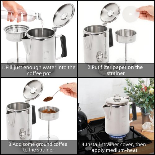 Cididu Camping Coffee Pot Stainless Steel, Coffee Pot Outdoors, Durable Stove Top Brew Coffee Maker on Fire, Ideal for Group Camping, Hiking, Backpacking, RV and Travel, 9 Cups