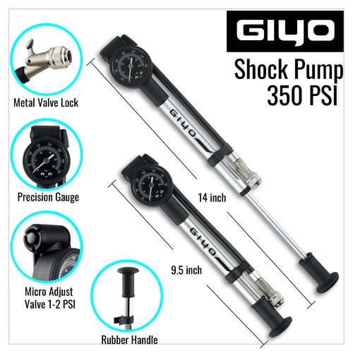 GIYO High Pressure Shock Pump (350 PSI) – Strong Lever Lock for No Air Loss, Aluminum Barrel, 1.5" Dial Gauge, Micro-Adjust Bleeder, 360° Rotating Hose, Taiwan-Made
