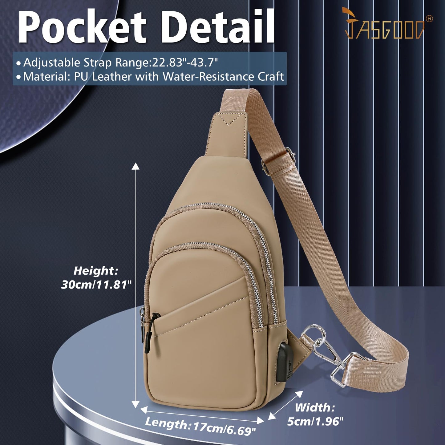 JASGOOD Sling Bag for Men Women - Crossbody Faux Leather Fanny Pack, Waterproof Chest Bag Backpack for Travel, Hiking - Khaki
