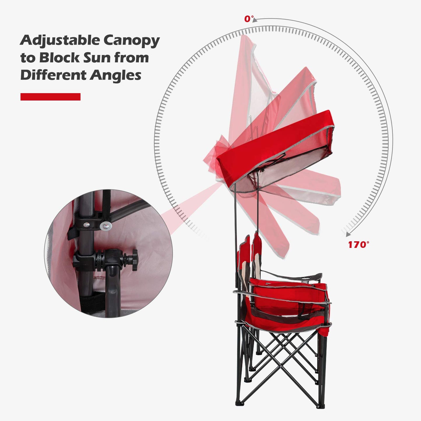 COSTWAY Double Camping Chair, Portable Camping Chair with Canopy, Cup Holder, Iced Bag, Storage Bag, Carrying Bag, Folding Loveseat for Adults, Outdoors Sport, Red