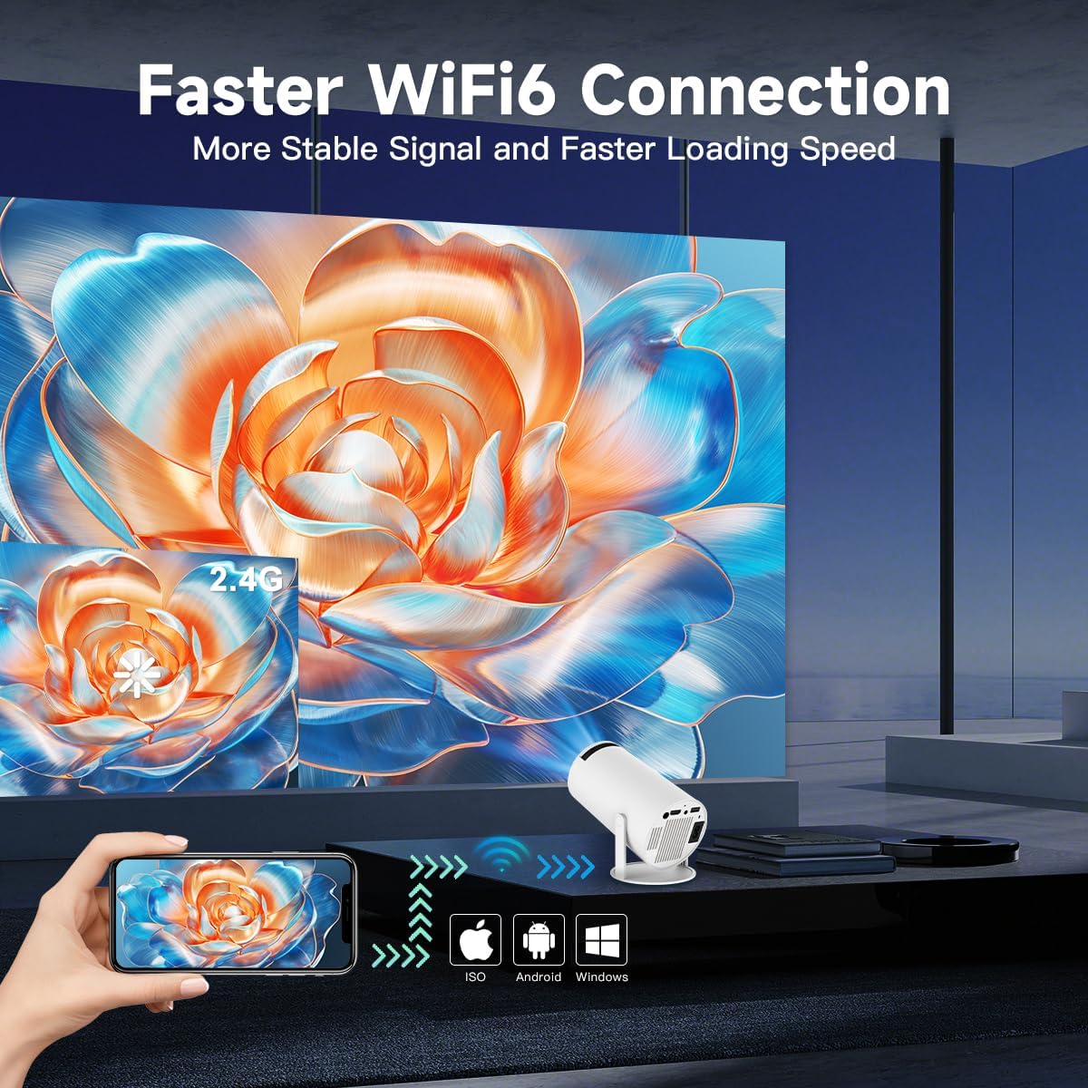 Mini Projector with WiFi and Bluetooth, Support 4K 1080P, 150 ANSI Portable Projector, Auto Keystone Correction, 40"-130" Screen Video Projector, Compatible with Smartphone,TV Stick,Laptop (HY300)