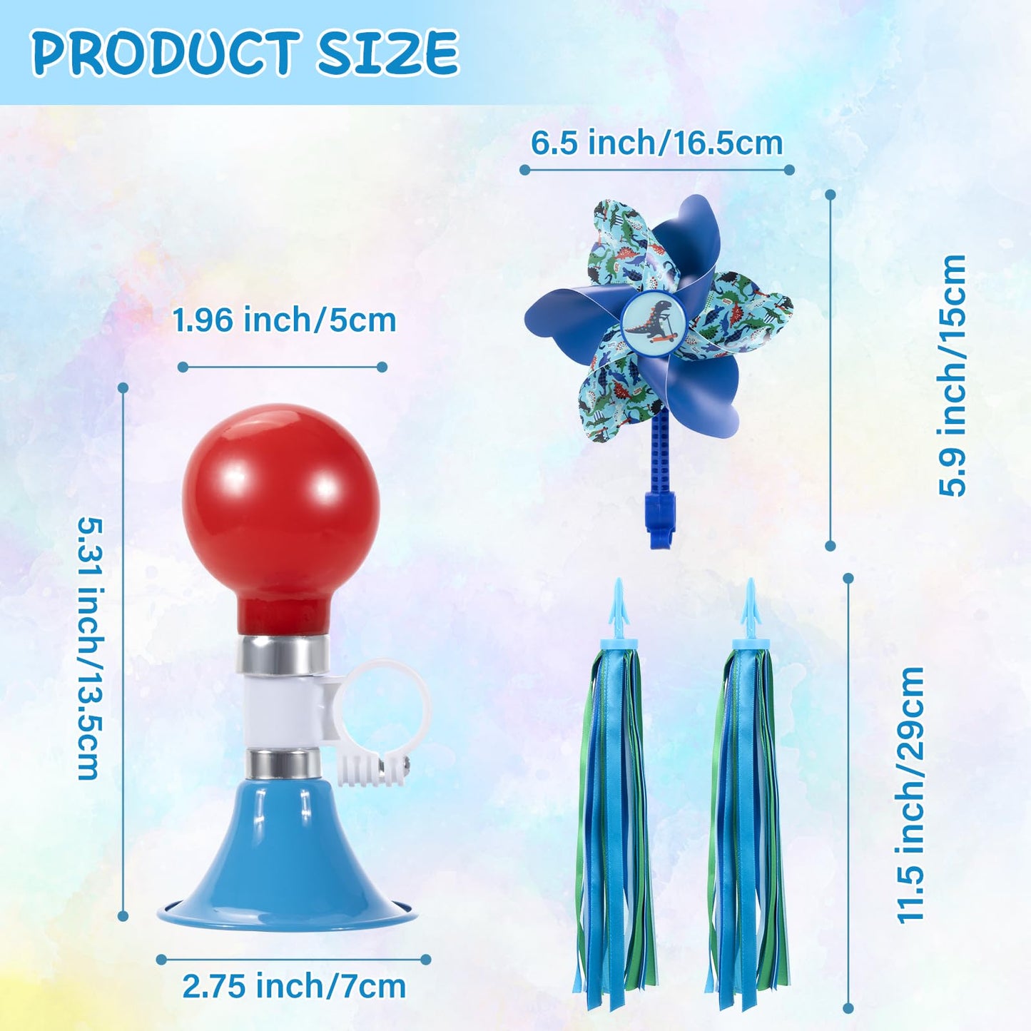 Kids Bike Horn Set, Children Bicycle Bell with 2 Pcs Bike Handle Streamers, and Windmill Kid Bike Accessories for Girls or Boy(Blue)