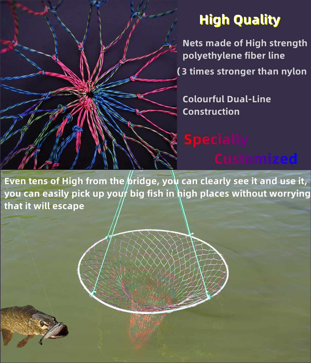32in x 37in Folded Bridge and Pier Fishing Net, More Coarse Soft Steel Hoop, Colourful Dual-Line Construction,Heavy-Duty Fishing Cast polyethylene Fiber line Mesh Net, Drop Net/Rope/Storage Bag