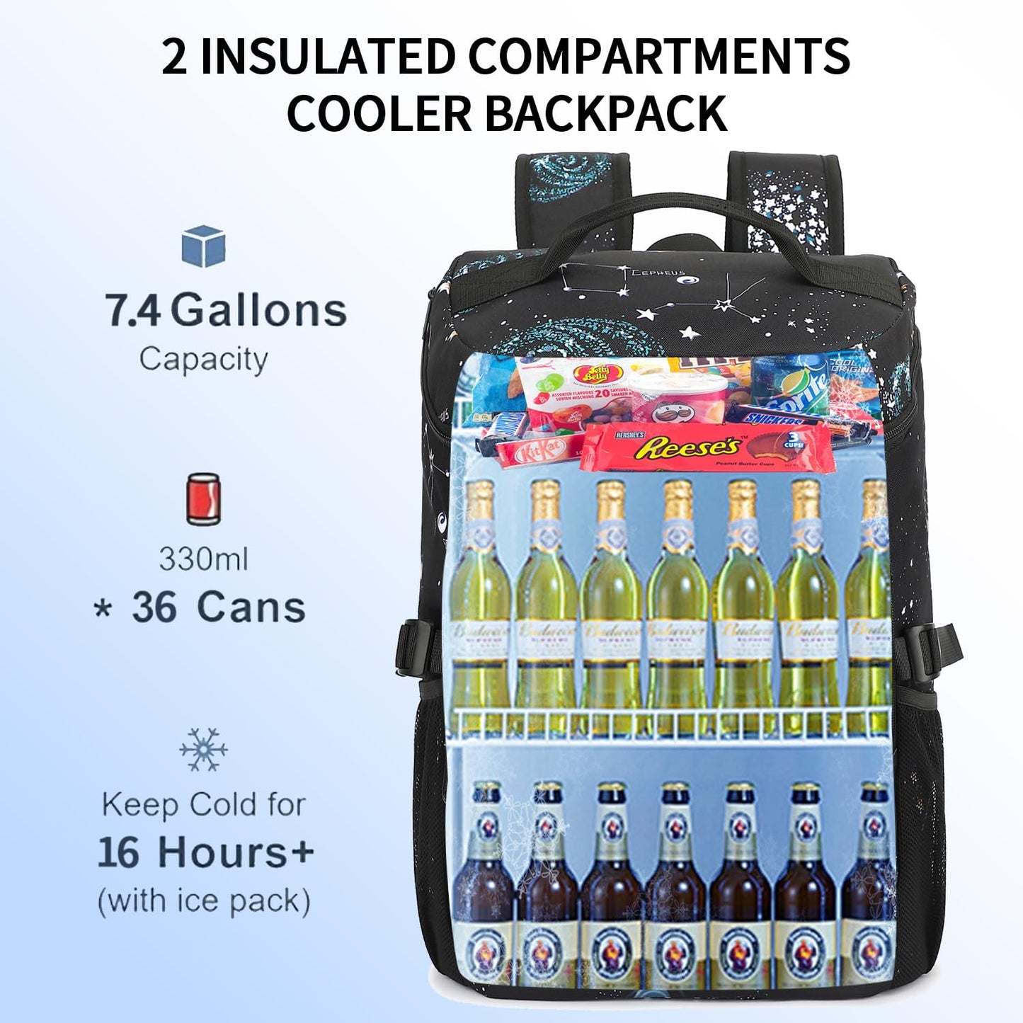 Kalesi Cooler Backpack 36 Cans Lightweight Insulated Backpack Cooler Leak-Proof Travel Camping Lunch Backpack Outdoor Cutlery Backpack for Men and Women (B-Starry Sky)