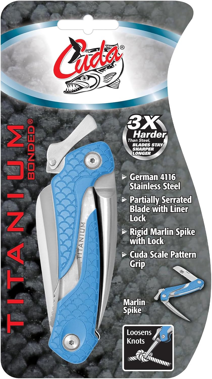 CUDA Marlin Spike Saltwater Corrosion Resistant Fishing Lockable Folding Knife with Partially Serrated Blade & Non-Slip Scale Pattern Grip
