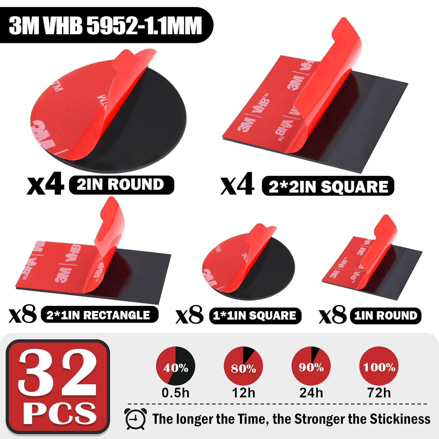 16 Pack 3M VHB 5952 Foam Tape, Double-Sided Heavy Duty Mounting Tape โ 1 Inch & 2 Inch, Square, Rectangle & Round Shapes, Waterproof & Heat Resistant, for Car, Home Decor & Outdoor Use