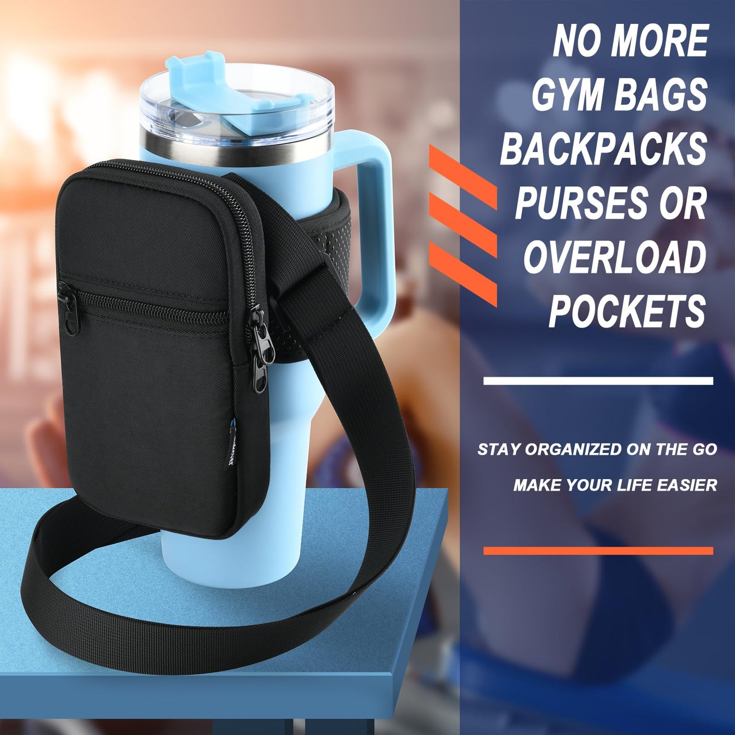Gym Water Bottle Pouch for Stanley Tumbler with Handle, Universal Water Bottle Carrier Sling Sleeve with Strap & Pocket, Fits for A Variety of Stanley Tumbler, Gym Water Bottles for Owala, 40-128 oz