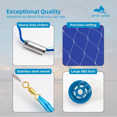 Handmade American Saltwater Fishing Cast Net, BETTER LEADER Fish Net for Bait Trap 3/4/5/6/8 FT Radius with Heavy Duty Real Zinc Sinker Weights Fishing Net for Freshwater and Saltwater