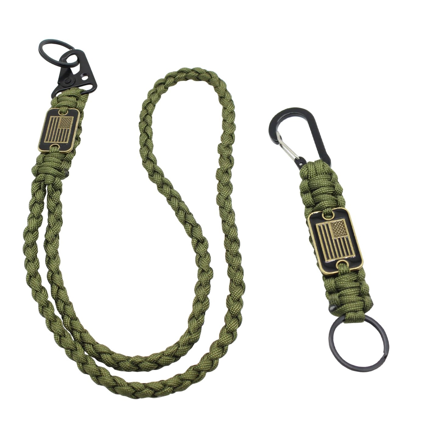 2Pcs Heavy Duty Braided Paracord Lanyard Keychain for Men Women with USA Flag, Parachute Rope Necklace Keychains, Braided Strong Lanyard for Traveling ID Badges Camera Whistle (Army Green)