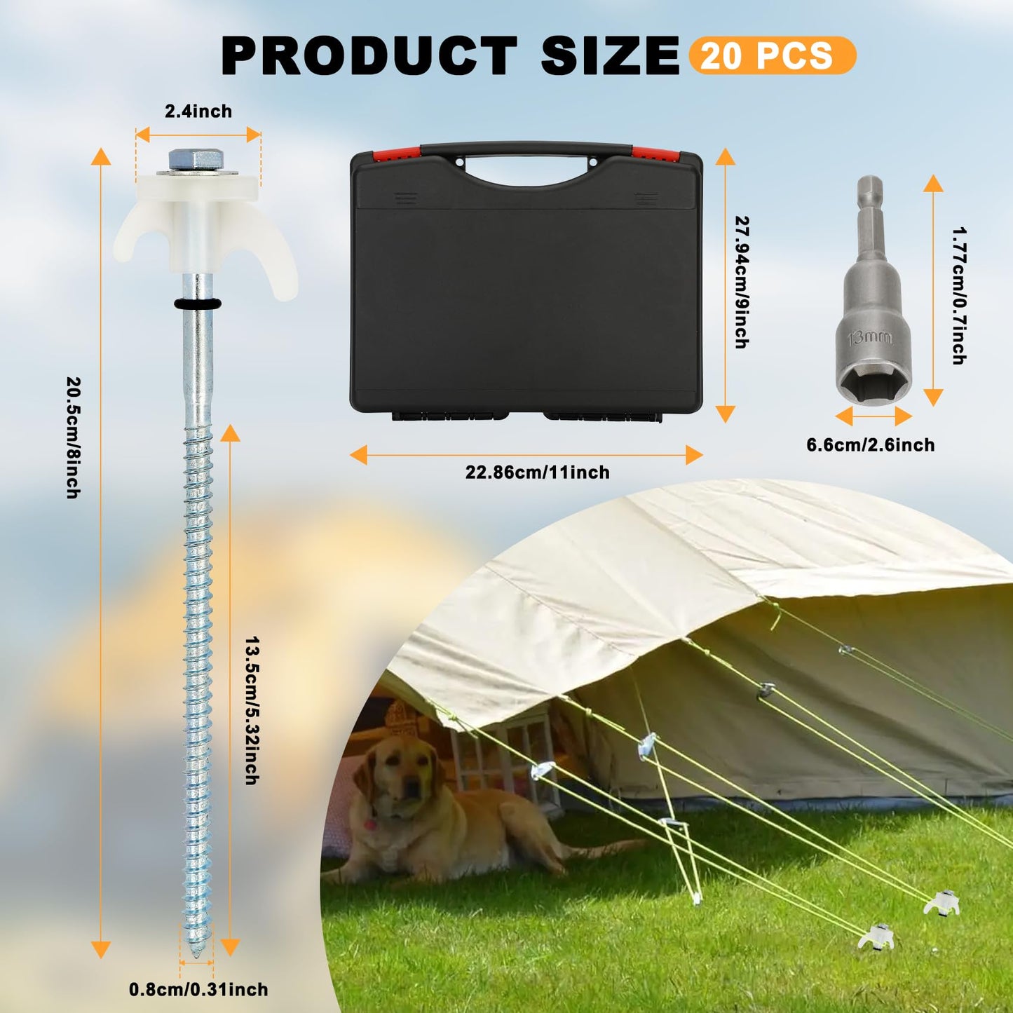 20 Pack 8" Heavy Duty Tent Stakes Screws- Glow in The Dark Metal Tent Stakes-Drill in Style Ground Anchor Screw in Pegs for Camping Patio Garden Awning Canopy Grassland, Comes with Hexagon Head Drive