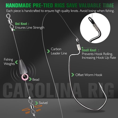 Dovesun 10PCS Ready Tied Carolina Rig Kit for Bass Fishing Catfish Rig Catfish Hook Kit with Bass Hooks Swivel, Fluorocarbon Line, Weights 1/2 OZ