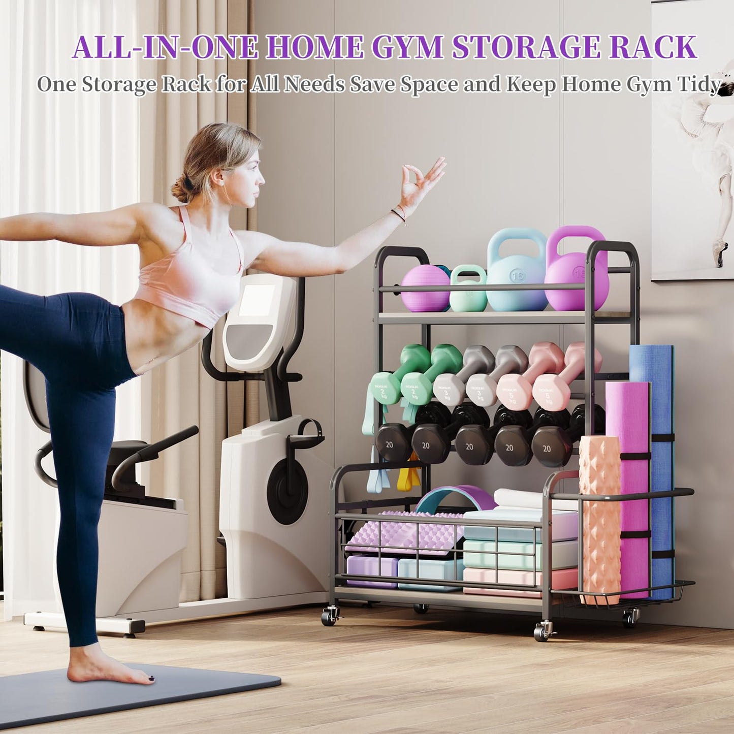 Homeiju Dumbbell Rack,Weight Rack for Home Gym, Home Gym Storage for Dumbbells Kettlebells Yoga Mat and Strength Training Equipment,Weight Storage Rack for Dumbbells with Wheels&Hooks(Grey)