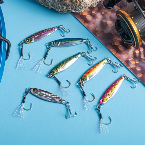 Goture Fishing Jigs,Lead Vertical Jig Saltwater, Jig Fishing Lures with Assist Hook and Treble Hook,Fishing Jigging Spoon Lures for Tuna,Salmon,StripedBass,Grouper Snapper,Kingfish(7g 6pcs)