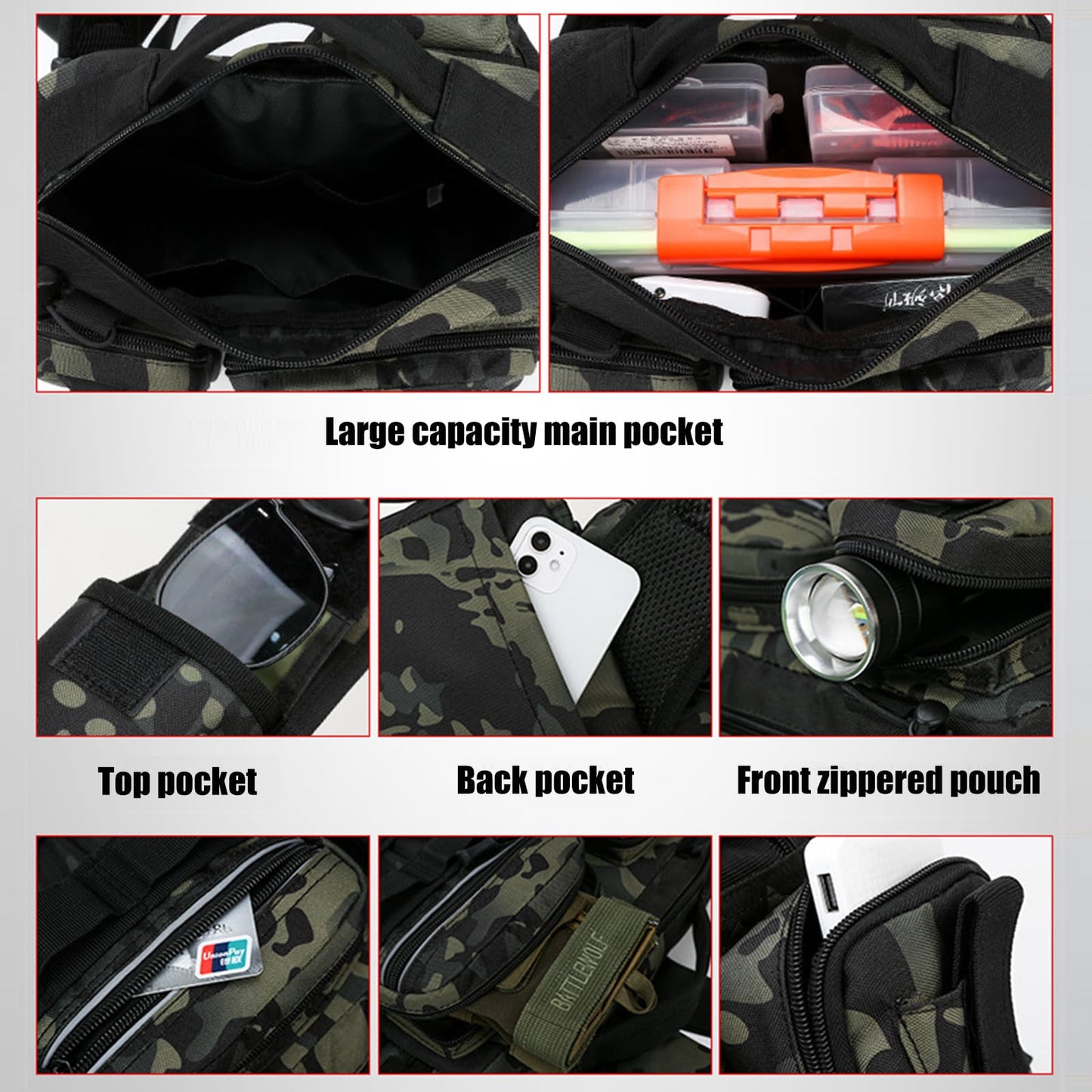 GGYCOB Fishing Tackle Storage Bag Fly Fishing Gear Pack Fishing Backpack for Men Sling Bag Shoulder Cross Body Fishing Bag with Rod Holder Hiking Waterproof Nylon (Black)