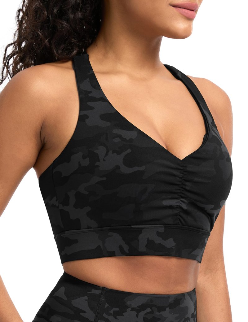 THE GYM PEOPLE Women's Cross Back Ruched Sports Bra V Neck Wide Straps Removable Pads Workout Yoga Crop Top