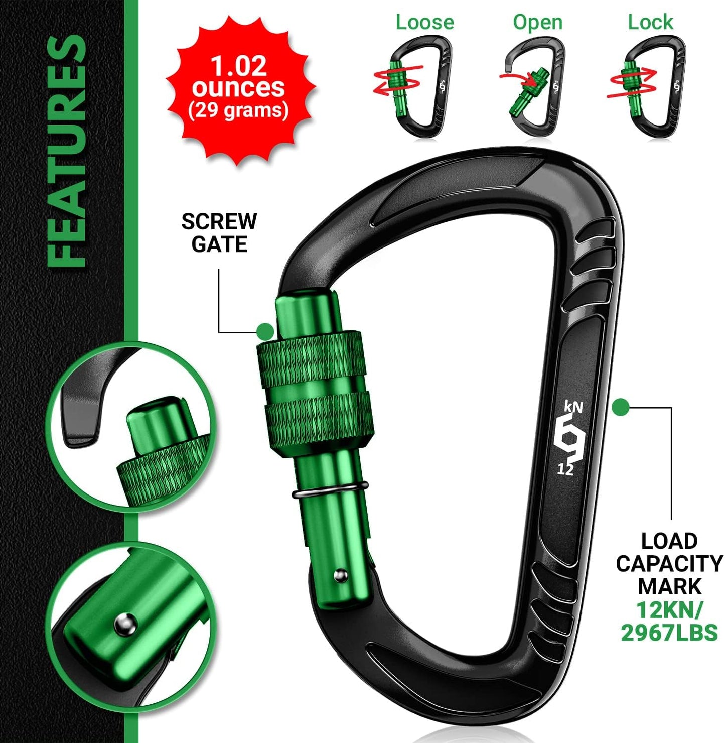 12kN (2697 lbs) Heavy Duty, Locking, Auto Locking, Wiregate Carabiner Clips, for Securing Pets, Outdoor, Camping, Hiking, Hammock, Dog Leash Harness, Keychains