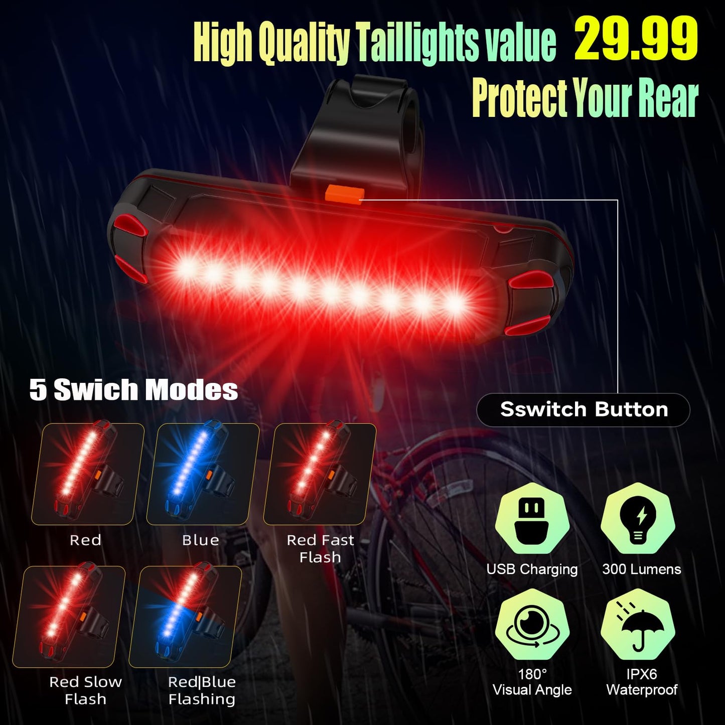 2025 New Super Bright High Lumens Bike Lights for Night Riding,6LED 360°Rotatable Bike Headlight,Bicycle Light-10 Modes,Long Runtime, Upgrade Waterproof USB Rechargeable Bike Light,with Taillights