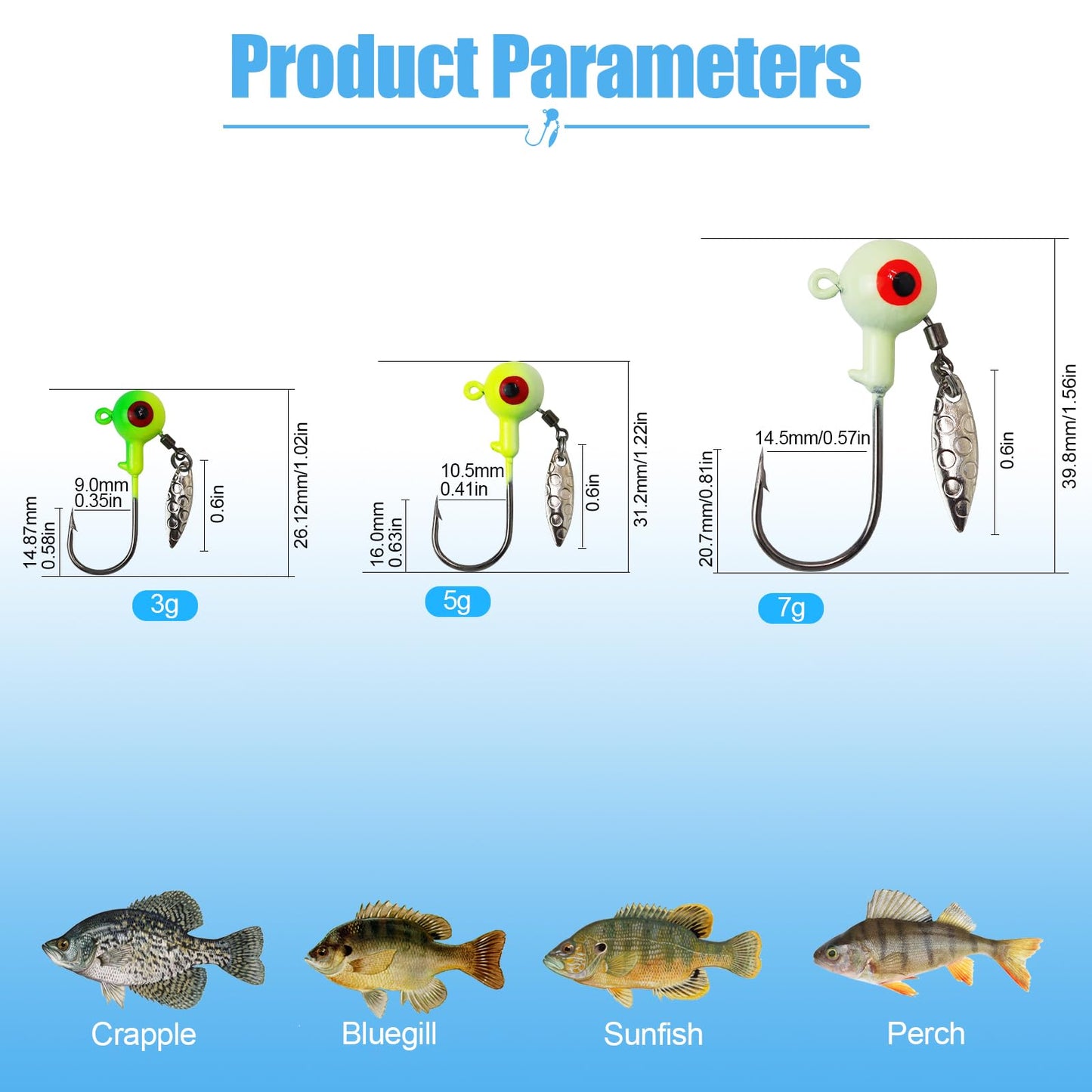 MAFIMOEA 20/30Pcs Underspin Jig Heads with Spinner Fishing Jig Heads Hooks Set Crappie Jigs Fishing Jig Hooks Assortment Saltwater Freshwater Bass Crappie Trout Glow in The Dark