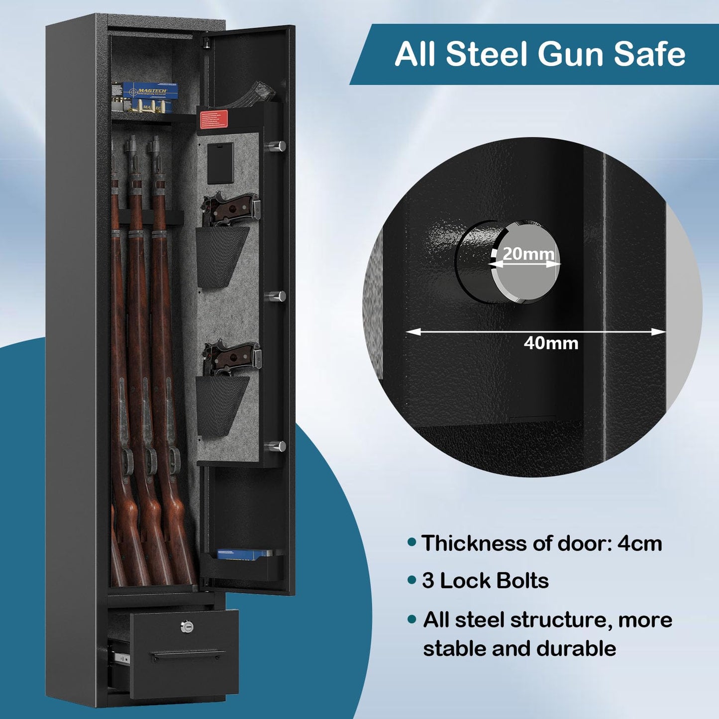 Gun Safe for Rifles and Pistols Gun Safes for 4 Rifles Gun Cabinet for Rifles and Shotguns Steel Rifle Safes for Home Clearance Gun Safe Gun Safes & Cabinets with Drawer Removable Shelf Gun Rack