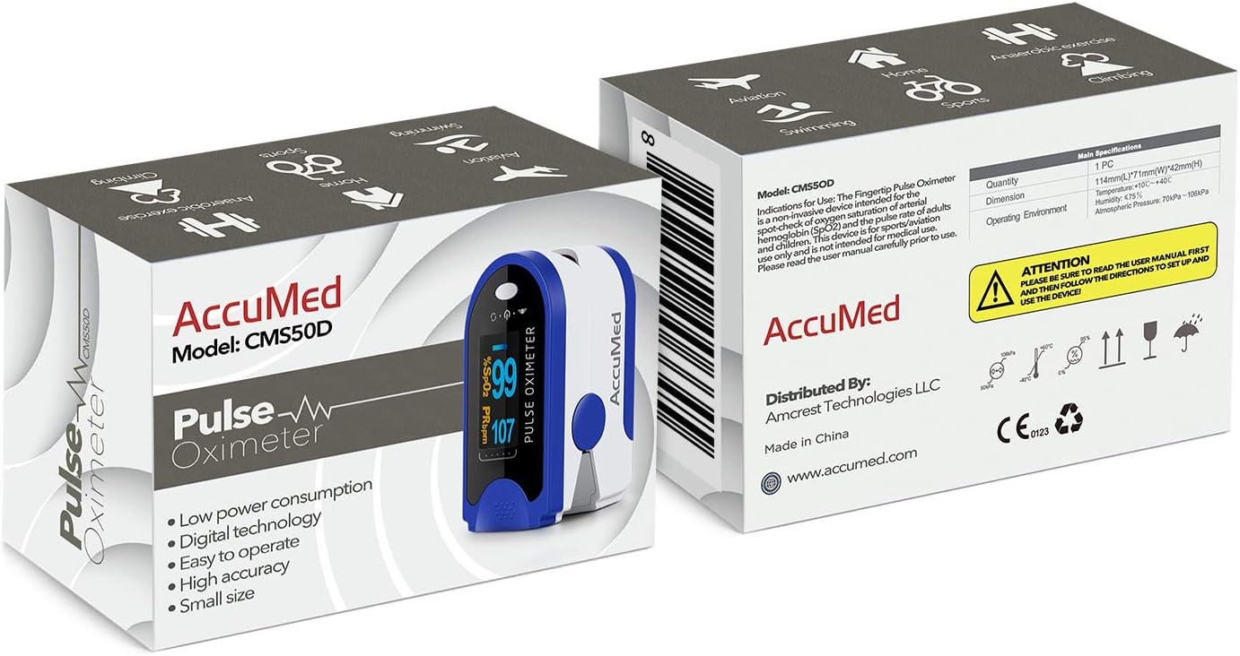 AccuMed Fingertip Pulse Oximeter, Sp02 Finger Blood Pulse Oxygen Monitor, w/Carrying case, Lanyard Silicon Case & Battery CMS-50D (Blue)