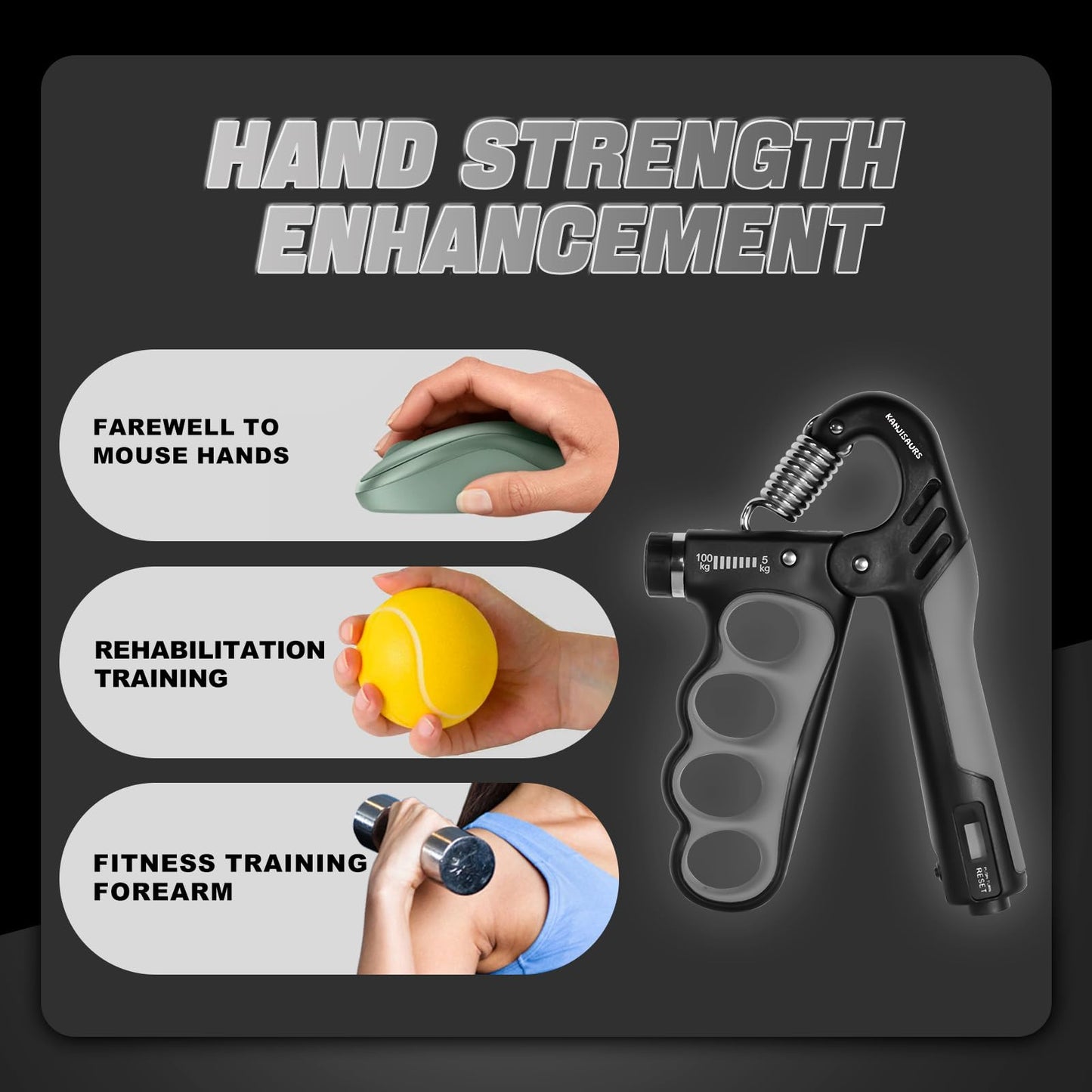 KANJISAURS Grip Strength Trainer,Adjustable Resistance Forearm Strengthener,Five Fingers Grip Strength Trainer with Digital Counter,Hand Gripper Strengthener.
