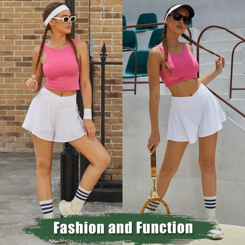 COPYLEAF Crossover Flowy Shorts for Women 2 in 1 Athletic Butterfly Running Shorts Tennis Gym Workout Skort with Pocket (Sky Blue M)