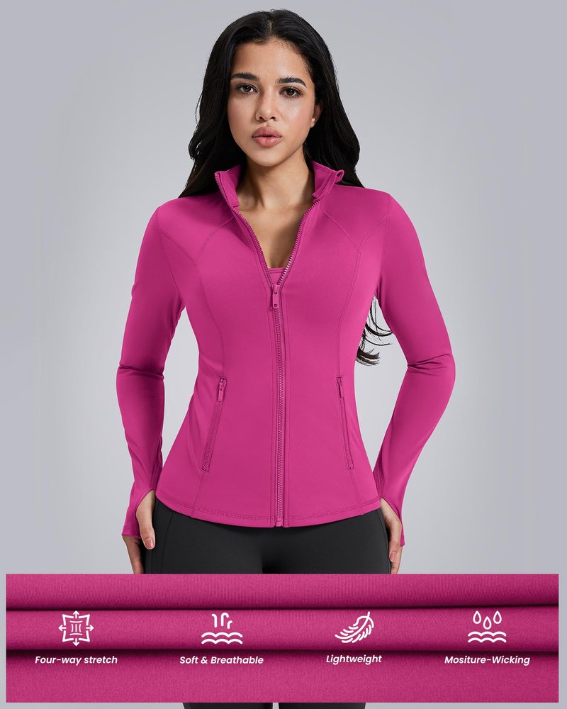 AVGO Womens Workout Jackets Lightweight Athletic Zip Up Jacket Slim Fit Running Gym Top with Pockets & Thumb Holes(Hot Pink, XXL)