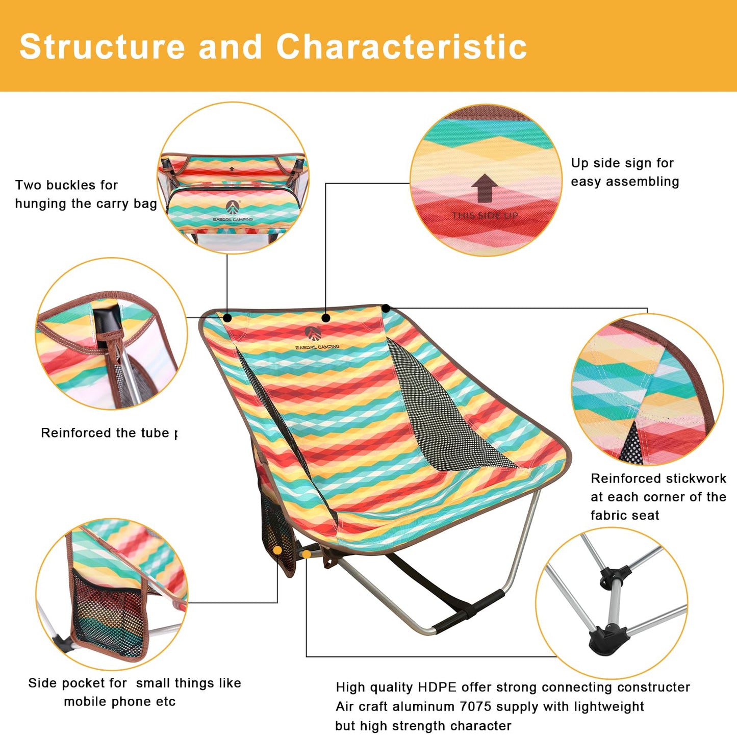 EASDRIL Ultralight Folding Camping Chair Low Lightweight Foldable Camp Chairs with Carry Bag for Hiking, Backpacking, Picnic, Outdoor Concert, Sports Events, Beach