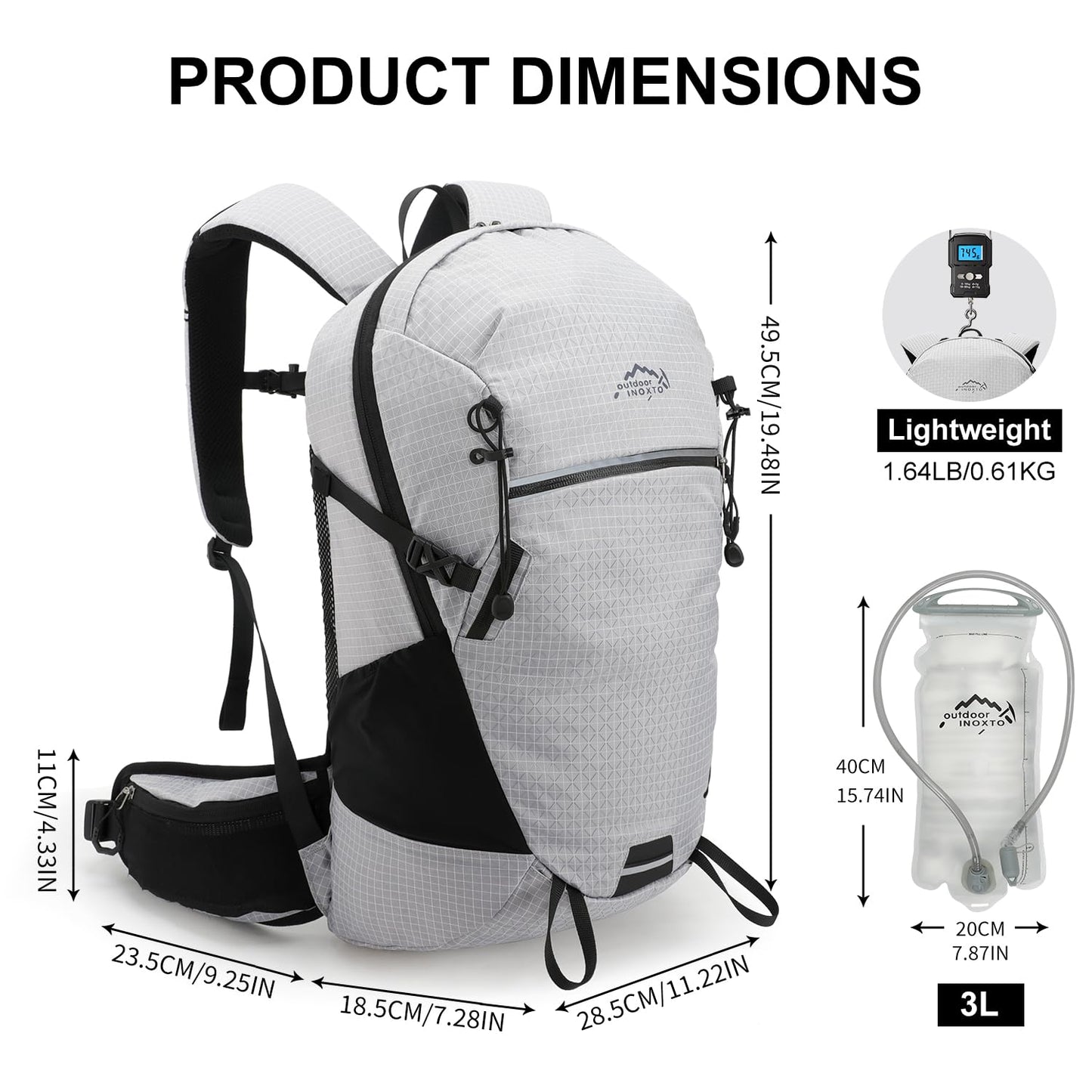 IX INOXTO Hydration Pack, 25L Hiking Backpack with 3L Water Bladder and Rain Cover, Lightweight Hydration Pack for Hiking, Cycling, Climbing, Camping (Grey)