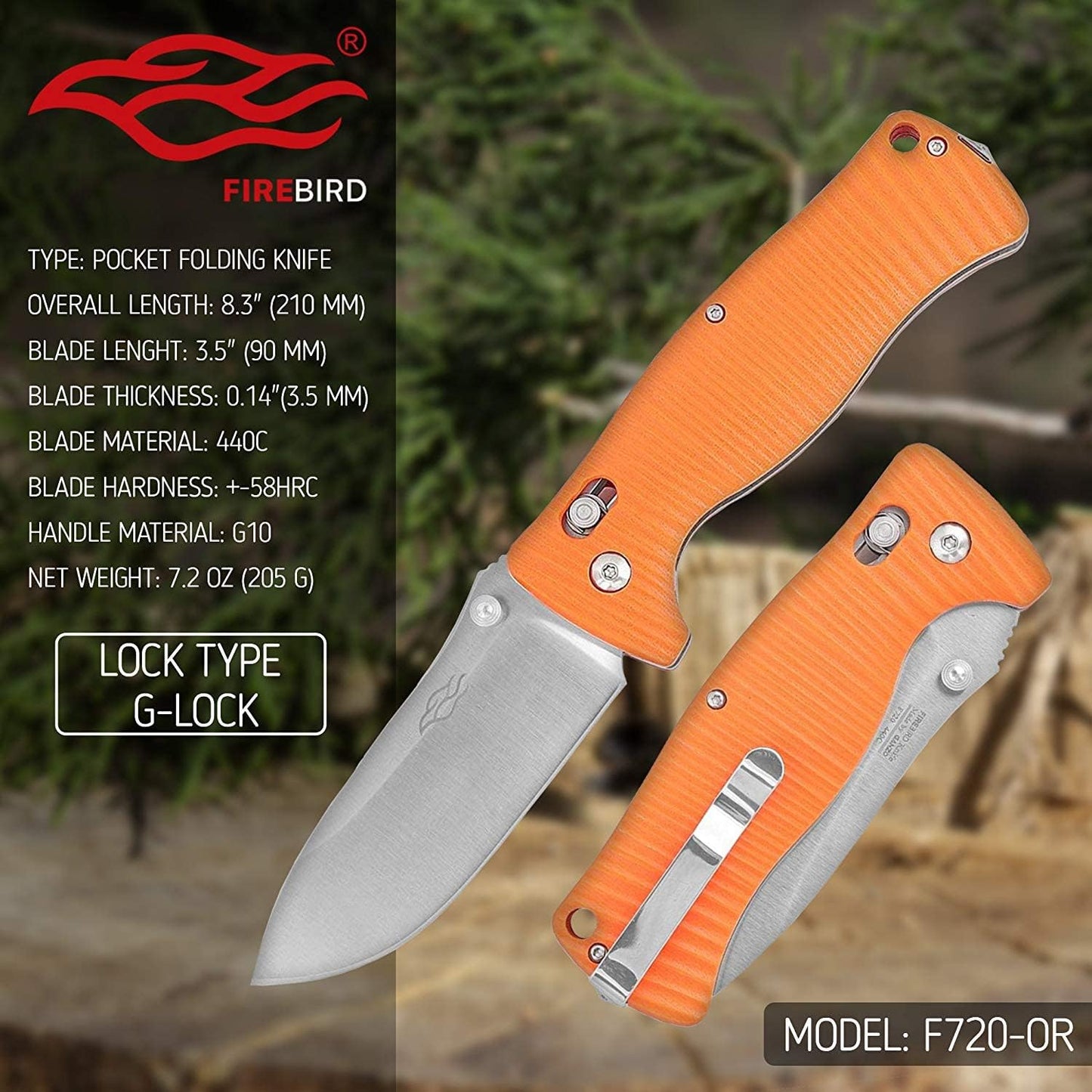 Ganzo G720-GR Tactical Folding Knife Window Breaker 440C Blade Army Green G10 Handle w/Paper Box & Draw String Bag G720