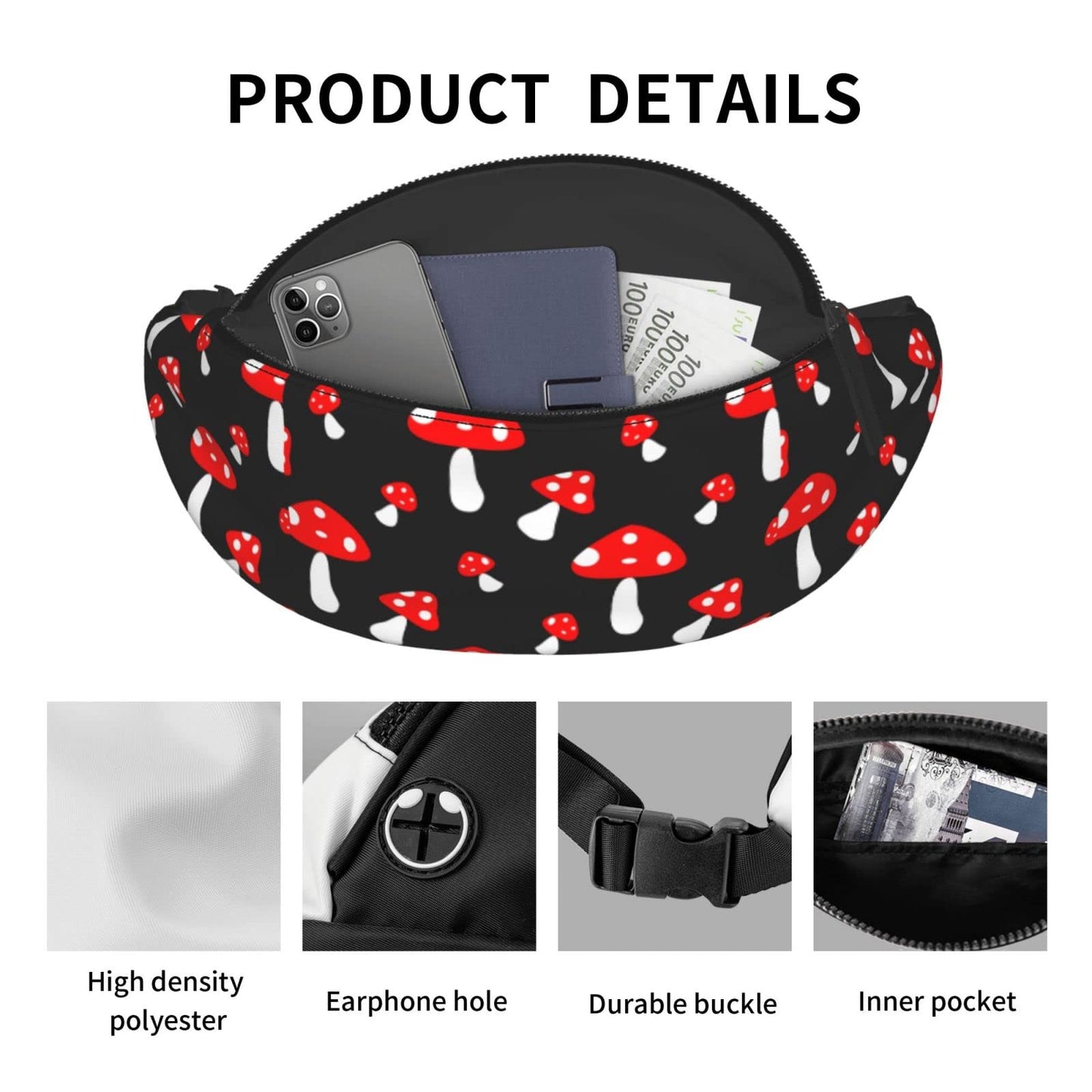 Red Mushroom Fanny Pack Crossbody Waist Bag Pack for Men Women. Belt Bag for Travel Walking Running Hiking Fishing.