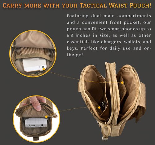Tactical Waist Pouch MOLLE EDC Pouch Outdoor Man Waist Bag with Phone Belt Clip Holder Holster Carrying Pouch for Smartphone (WholeBlack+Easy Carabiner)