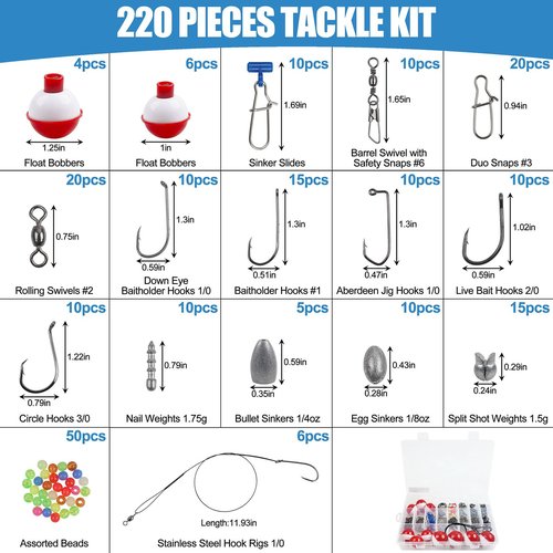 220pcs Fishing Hooks Bobbers Tackle Kit Beginners Equipment Includes Fishing Hooks Bobbers Weight Sinkers Swivel Snaps Starter Kit for Artificial and Live Baits