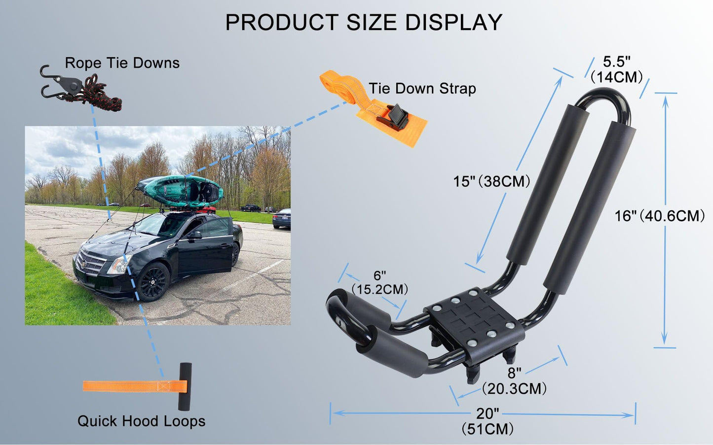 Kayak Roof Rack 2 Pairs Heavy Duty J-Bar Carrier Holder for Canoe, SUV, Cars, Truck, Surf Ski, Tie-Mount on Car Roof Top Crossbar for Trip - Includes 8 Pcs Ratchet, Set of 4