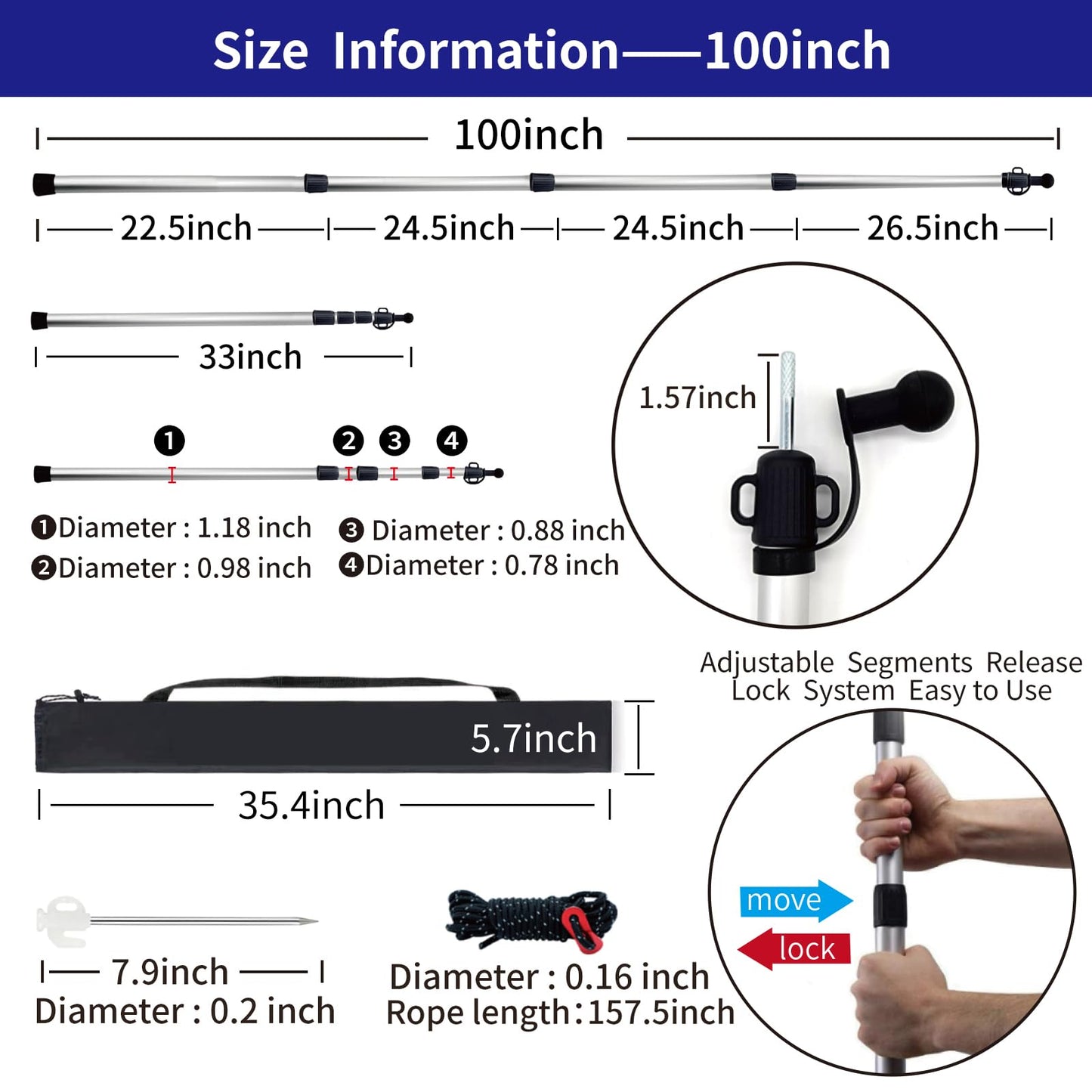 Kaiciuss 98.42'' Aluminum Camping Tarp Poles Adjustable,Telescoping & Portable Tent Poles Replacement (4 Pack), it Comes with 8 Metal Stake, 8 Guy Line Cord with Guyline Adjuster & 1 Storage Bag