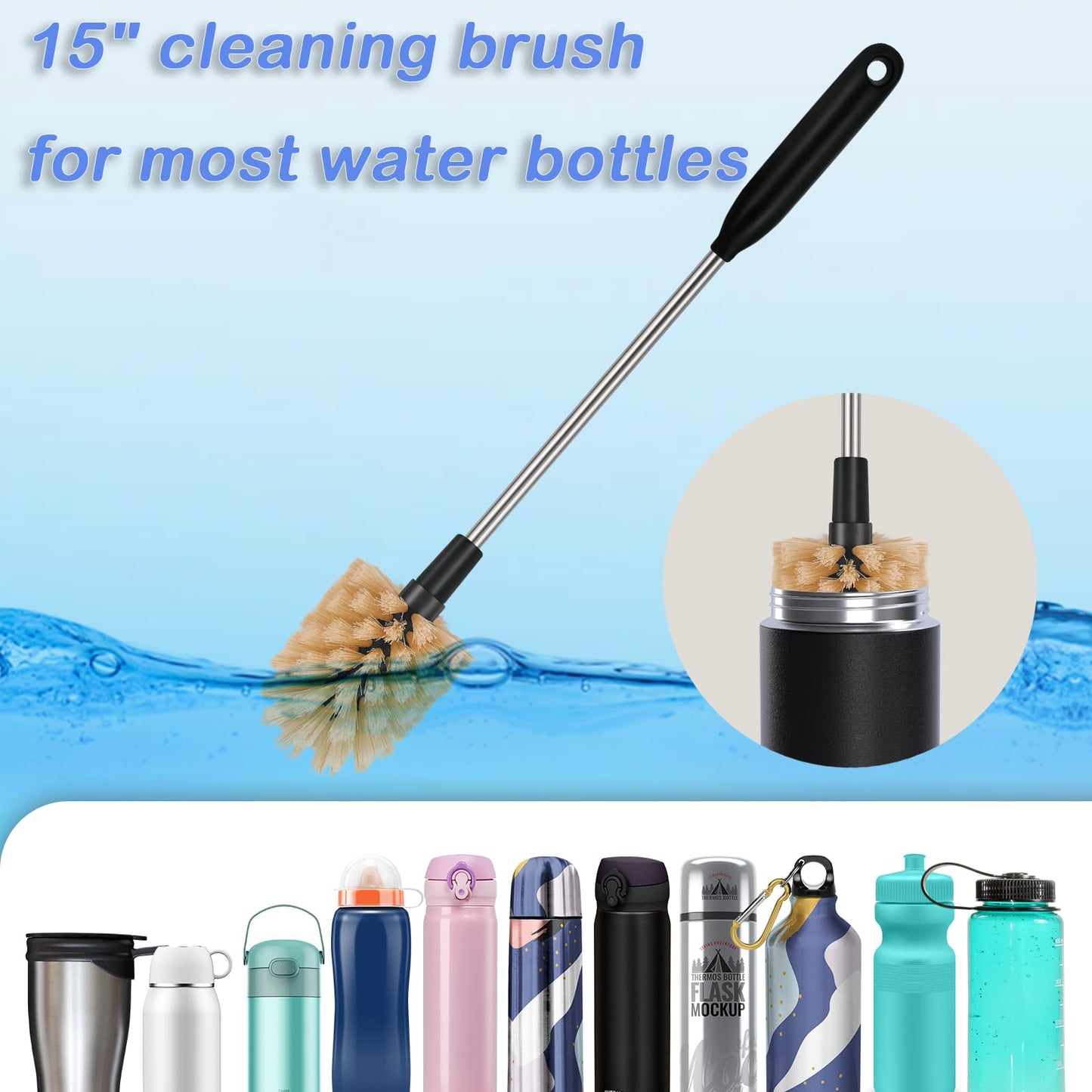 3 in 1 Long Handle Water Bottle Brush - Water Bottle Cleaning Brush Accessory - Flexible Scrubbing Brush for Water Bottles, Straws, Glassware - Includes Storage Ring and Hook, Dishwasher Safe Reusable