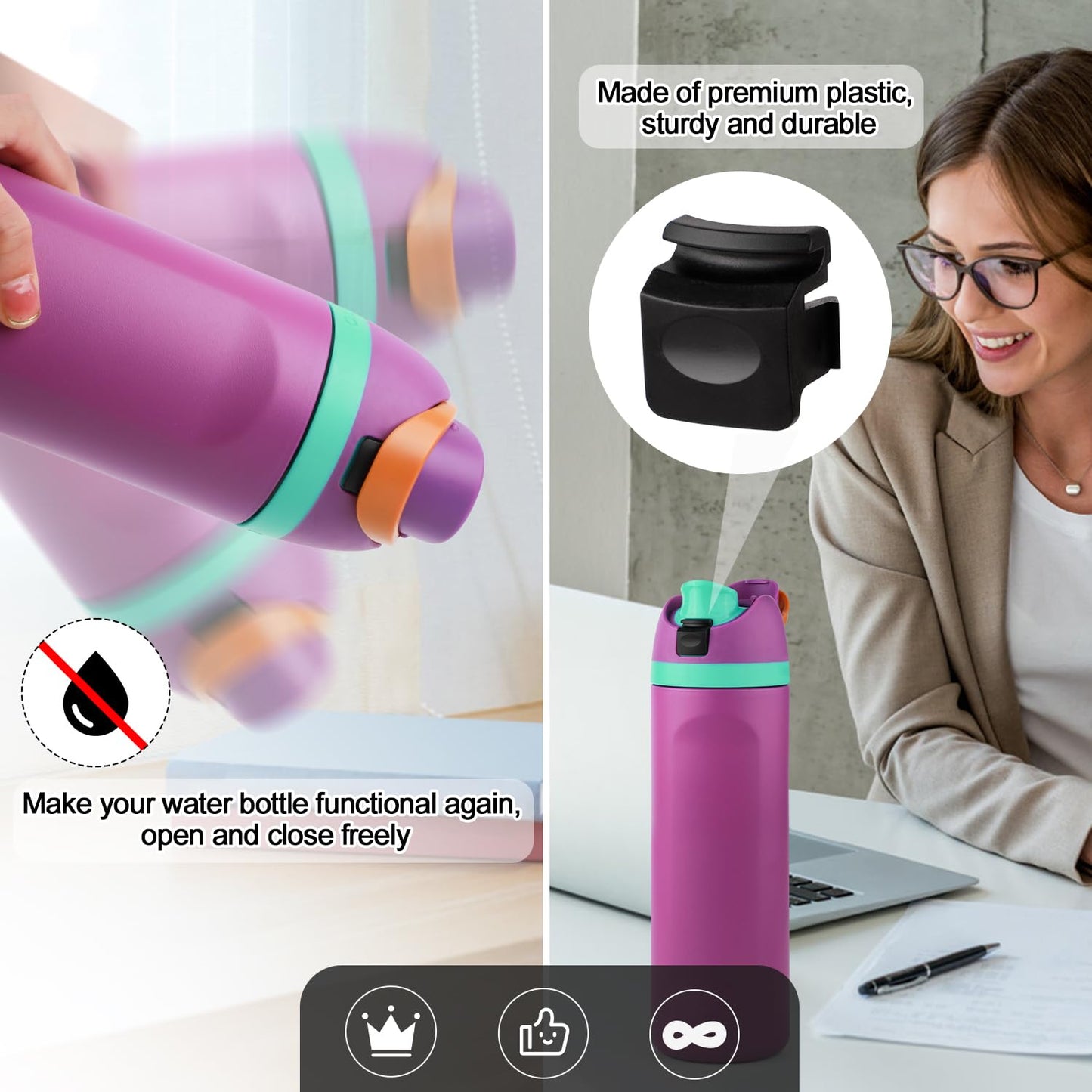 2pcs Replacement Button Compatible with Owala FreeSip 24oz 32oz, BPA-Free Water Bottle Lid Mouth Push Switch Top Cap Seal Stopper Cover Plug Parts for Owala 19/24/32/40oz Accessories, Black